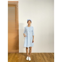 網上下單訂做中袖診所制服 訂購雙排釦企領連衣裙診所制服 診所制服供應商 真人試穿 BD-CN-22024